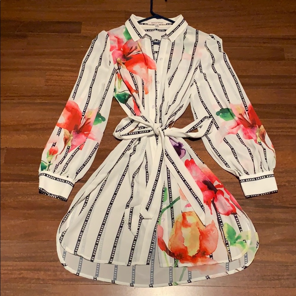 Sheer flower print button down shirt dress w/ tie